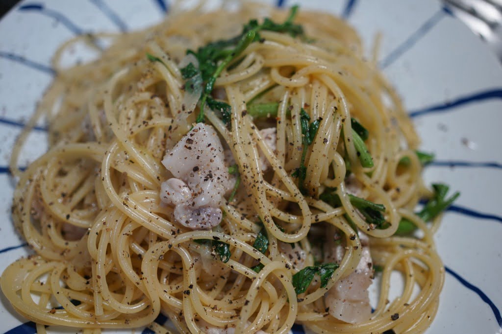 塩豚とクレソンと葱のシンプルなスパゲッティ