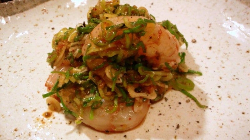 野郎飯流・赤海老の湯引き、九条葱まみれ生七味風味