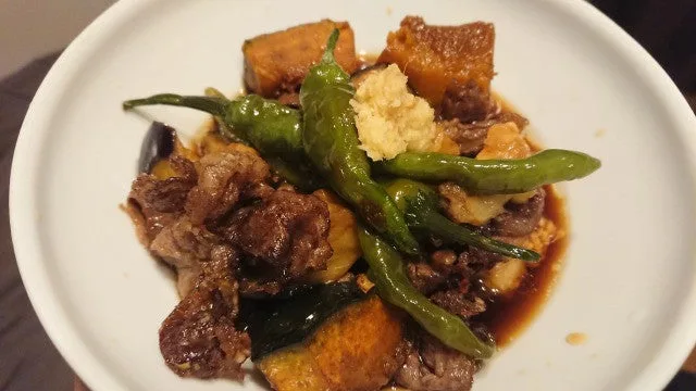 野郎飯流・牛肉と茄子と南瓜の揚げ浸し